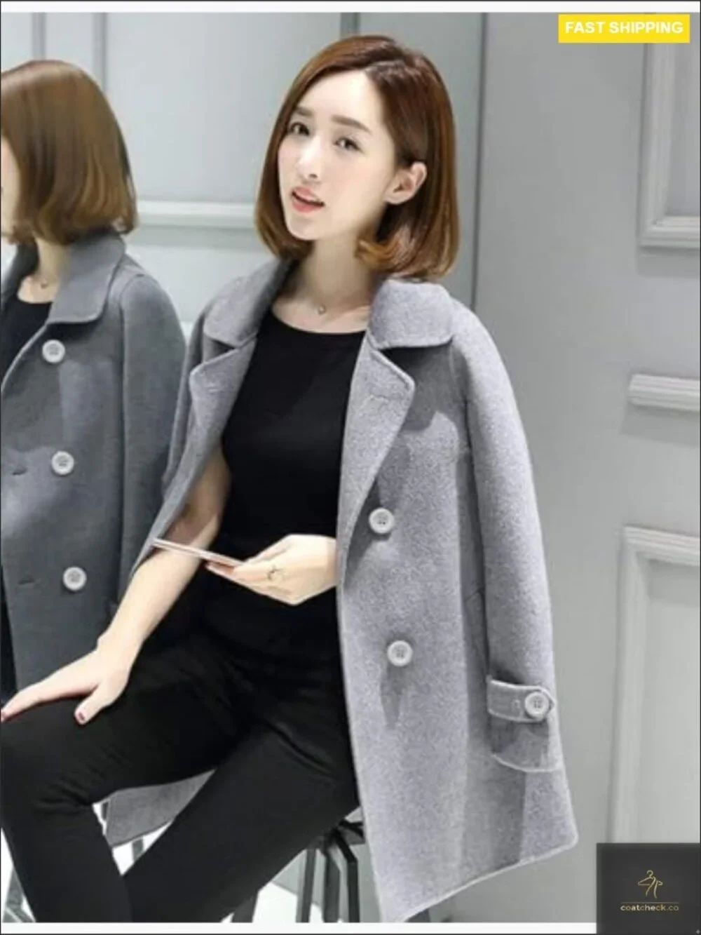 Double Breasted Pea Coat Classic Fit Wool Blend Jacket Winter Outwear